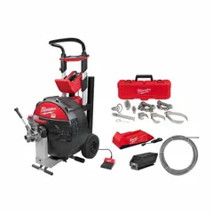 Cordless sewer drum machine head kit and cable for cleaning 3 in to 6 in pipe. Powered by the MX FUEL system, includes charger. Suitable for professional drain cleaning in commercial and residential plumbing applications.