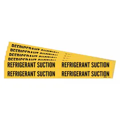Yellow adhesive pipe marker with black legend text reading 'Refrigerant Suction'. Fits pipe outer diameters from 3/4 to 2-3/8 inches. Sold in a 5-pack. Used to identify refrigerant suction lines in industrial piping systems for clear visual indication during maintenance or repair.