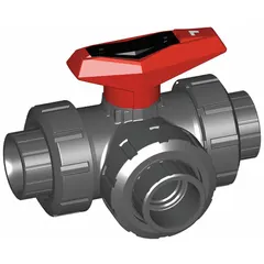 Three-way ball valve with PVC body and L flow pattern for diverting or mixing flow in piping systems. Socket x socket x socket connections allow solvent-weld installation. Locking lever handle secures valve position. Suitable for water treatment, chemical processing, and industrial fluid handling.