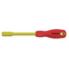 Metric insulated nut driver with a 9 mm tip size, straight round shank, and non-magnetized standard tip. Designed for tightening or loosening hex nuts in electrical panel work, machinery assembly, and maintenance tasks where insulation is required for protection near live circuits.