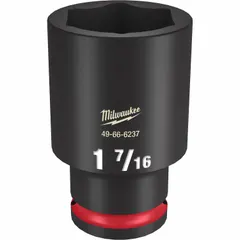 This 1/2" drive deep impact socket is SAE sized at 1-7/16" with a 6-point design and friction retention for secure fastener grip. The black phosphate finish provides corrosion resistance. Suitable for heavy-duty fastening applications in automotive, construction, and industrial maintenance.