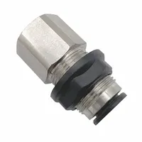 Nylon and nickel-plated brass push-to-connect adapter fitting with a 3/8 in OD tube connection on one end and a 1/4 in female NPT pipe thread on the other. Suitable for connecting tubing to threaded ports in pneumatic or fluid systems, enabling tool-free installation