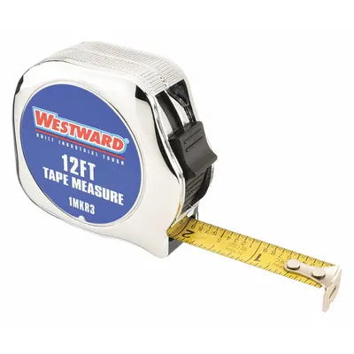 WESTWARD Tape Measure: Nonmagnetic Single Hook Tip, 12 ft, Chromed Plastic - Engineers-Scale Tape Measures