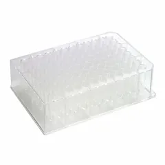 This 96-well deep well plate features square wells with a 1 mL capacity, made from natural polystyrene. The plate has an 86 mm diameter and is not RNase/DNase free. It is used for high-throughput sample storage, processing, and assay workflows in laboratory settings.