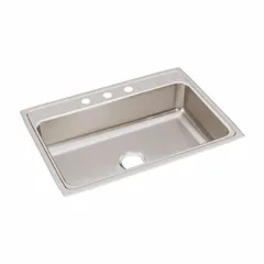 This one-bowl counter-mounted sink is designed for drop-in installation in kitchen and bar countertops. It features a 22-inch overall width and a 7 5/8-inch bowl depth, providing space for washing and food preparation. The sink is finished in Silver/Gray and is supplied without a faucet.