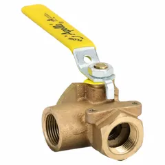 Three-way L-port ball valve in bronze with standard port ball port. Features female NPT threaded ends on all three ports and a lever handle for manual operation. Used for diverting or mixing flow in plumbing and industrial piping systems.