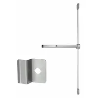 This surface vertical rod exit device features a touchbar and night latch, constructed from aluminum. Designed for doors up to 3 ft wide, it provides push-bar operation for egress in commercial settings such as schools, offices, and retail