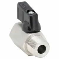 This one-piece mini ball valve is made of 316 stainless steel for corrosion resistance. It features a wedge handle for manual on/off flow control. Suitable for compact piping systems in industrial, chemical, food processing, and marine applications