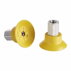 This flat-type vacuum pad assembly is designed for handling sensitive electronic components in ESD-protected environments. It features NBR-ESD material with a 55 A durometer, yellow color, 22.8 mm pad diameter, and 23.5 mm pad height. Suitable for pick-and-place operations in electronics assembly.