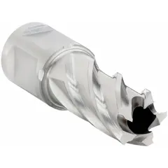 High-speed steel annular cutter with bright finish, designed for stacked drilling applications. Cuts clean holes through multiple layers of metal. Features a 9/16 in cutter diameter and 1 in maximum cutting depth. Equipped with a Weldon Flat shank for secure mounting in compatible power tools.