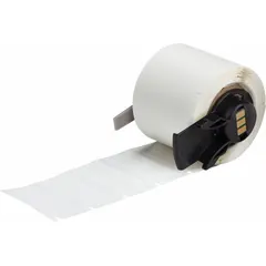 Vinyl wraparound label with black-on-white print, measuring 1-1/2 in by 3/4 in. Designed for wire gauges from 10 AWG to 4 AWG. Compatible with BMP71 printer series and requires M61-R6210 ribbon. Used for permanent identification of wires and cables in electrical panels and control systems.