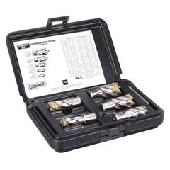 This annular cutter set includes a 9/16 in fractional-inch cutter with a 1 in maximum cutting depth. The cutter is made of cobalt with a bright (uncoated) finish and features a Weldon Flat shank. A pilot pin is included. Typical applications include cutting clean holes in metal for fabrication, construction, and maintenance tasks.