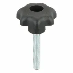 7-arm knob with threaded stud for manual adjustment and clamping. Plastic body with steel thread insert. M6 thread, 35 mm thread length, 32 mm diameter. Suitable for light to medium-duty applications in industrial equipment, jigs, and fixtures.