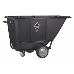 This tilt truck is constructed of steel-reinforced plastic and is designed to be moved by forklift. It has a 1,400 lb capacity and a flat black finish. Typical applications include transporting bulk materials, scrap, or waste in industrial settings.