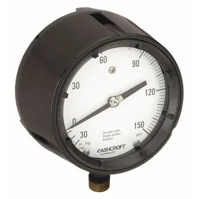 ASHCROFT Process Compound Gauge: 0 psi to 150 psi, White, 4 1/2 in Dial, 1/2 in NPT Male - Brass/Bronze Wetted Parts & Plastic Casing
