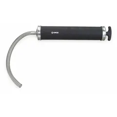 This suction gun is designed for transferring noncorrosive fluids such as oils, coolants, and solvents. It features a 16 oz capacity, a 12-inch flexible hose, and a black steel tube. Suitable for automotive, industrial, and maintenance fluid handling tasks.