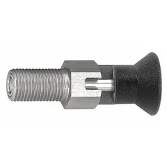 This locking pull-knob indexing plunger features an 18-8 stainless steel body and a 400 series stainless steel plunger. It has a 3/8"-24 thread size. Used for precise positioning and locking of machine components such as fixtures, jigs, and sliding tables in industrial automation and manufacturing applications.