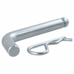 This CURT hitch pin and clip assembly is made of zinc-plated steel with a 5/8 in pin diameter. It includes a hitch clip and is rated for Type III/IV/V hitches and Vehicle Class IV. Used to secure a trailer coupler to a hitch receiver in towing applications.