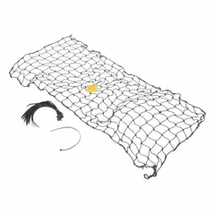 This black nylon pallet rack netting measures 111 inches by 48 inches. It includes cable ties and mounting hardware for installation. Used to contain stored items on pallet racks, reducing the risk of falling objects in warehouses and industrial settings.