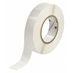 This precut label roll measures 1 13/64 inches by 1/2 inch and is made of white gloss polyester. It is designed for use with THT-series printers. Typical applications include labeling for electrical panels, cables, and asset tracking in industrial environments.