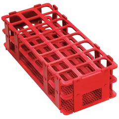 This red polypropylene test tube rack provides 24 places for organizing and storing test tubes on a benchtop. It measures 9 3/4 inches long, 4 1/8 inches wide, and 2 1/2 inches high. Suitable for general laboratory use in sample handling, storage, and transport.