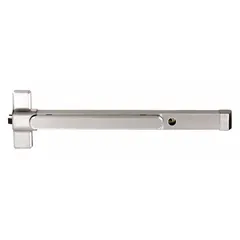 Rim-type exit device with touchbar style, finished in chrome. ADA compliant, suitable for doors up to 48 inches wide. Provides emergency egress in commercial and institutional settings.