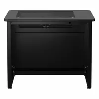 This computer desk features a wood desktop with a black matrix finish and a black steel frame. It includes a modesty panel for a clean appearance. Suitable for home or office workstations, the 36-inch-wide surface accommodates monitors, keyboards, and accessories