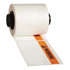 Orange header polyester precut label roll measuring 1 29/32 in x 4 in, with rubber adhesive and halogen-free material. Compatible with Brady M710 printer series (media adapter required). Used for industrial safety identification such as hazard marking and equipment warnings.