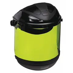 Category 2 face shield rated 9.9 cal/cm² ATPV for electrical arc flash protection. Features a dual crown/window design with ratcheting headgear, black nylon construction, and a polycarbonate window. Includes high-impact crown and chin protector. Certified to CSA Z94.3-2015. Suitable for industrial environments requiring impact and thermal hazard defense.