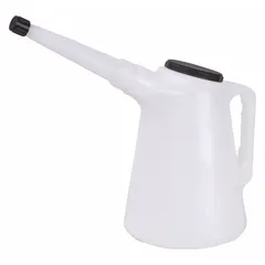 Polyethylene measuring container with flexible pour spout for controlled dispensing of fluids. White color, 9 7/32 in overall diameter. Suitable for measuring and transferring coolants, lubricants, and chemicals in maintenance and process operations.