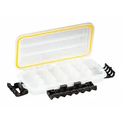 This clear plastic compartment box features 18 adjustable compartments and cam-action latches. It is used for organizing small parts such as screws, nuts, and electronic components in workshops, labs, and industrial settings. The clear construction allows quick visual inventory checks.