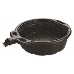 Polyethylene drain pan with 4-gallon capacity. Black color. Overall diameter 18 7/16 inches, overall height 5 13/16 inches. Used for collecting waste oil, coolant, or other fluids during vehicle or equipment maintenance in shop or garage settings.