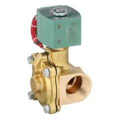 This REDHAT solenoid valve is a 2-way, 2-position normally open unit with a 1-1/4 in pipe size and 24V DC coil. It features a watertight design and is rated for high flow. Suitable for use in water, air, or light oil systems requiring automatic flow control.