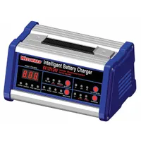 Automatic handheld portable battery charger for AGM, deep cycle, gel, and lead acid batteries. Delivers 10 A charging current at 12V and 2 A maintaining current at 24V with float charge type. Includes 6 ft cable. Suitable for charging and maintaining batteries in automotive, marine, and industrial settings
