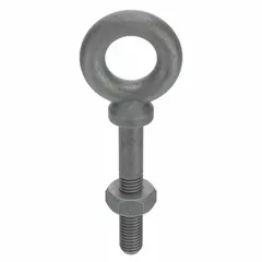 This steel, galvanized machinery eye bolt with shoulder is designed for overhead lifting, rigging, and tie-down applications. It features a 5/16"-18 thread size, 1 1/2 in thread length, and includes a nut. Suitable for use in industrial settings requiring a secure attachment point for hooks, slings, or cables.