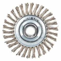 This stainless steel wire wheel brush is designed for cleaning welds on stainless steel surfaces. It removes slag, discoloration, and oxidation from weld joints without contaminating the metal. The brush has a 4" diameter and 1/4" width, with a 5/8"-11 arbor for use with angle grinders and bench grinders.