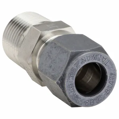 PARKER Compression Fitting Adapter: 1/2 in OD x 1/2 in Pipe size, 1/2-14 Thread Size - Flareless Bite-Type Stainless Steel Compression Fittings