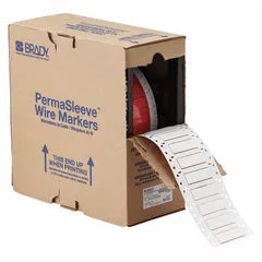 Polyolefin sleeve label, white matte finish, 3/8 in x 2 in, for 4 AWG to 8 AWG wire gauge. Compatible with BBP11 printer series. Used for on-demand wire identification in control panels, machinery, and electrical installations.