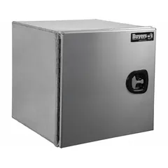 Single barn-door storage box designed for underbody mounting on trucks. Constructed with a silver finish and equipped with a keyed lock for security. Overall depth of 24 inches provides enclosed storage for tools and equipment. Suitable for fleet and vehicle maintenance applications.