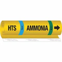 Wrap-around pipe marker for ammonia piping identification. Designed for VAP phase, Low pressure level, fitting pipe outer diameter 1-1/2 to 2-3/8 inches. Includes directional arrows. IIAR system abbreviation: HTS. Single marker per unit.