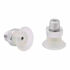 This flat vacuum pad assembly is designed for fast-handling applications in food-safe environments. It features a clear pad with 16.8 mm diameter and 14.9 mm height, and a 1/8 in NPT vacuum port. Suitable for lifting and moving lightweight items such as packaging and containers.