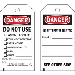 White lockout/tagout tags with write-on surface, featuring pre-printed fields for equipment defect, missing parts, incomplete work, dirty, or other reasons, plus signature and date lines. Each tag includes black/red/white danger messaging and a cable-tie fastener. Supplied in a 10-pack. Used to mark equipment as unsafe or out of service during maintenance or repair.