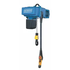 Heavy-duty electric chain hoist with hook mounting, no trolley, and variable speed control. Operates on 480V AC power. Includes a chain container. Suitable for lifting and positioning loads in industrial settings such as manufacturing and warehousing.