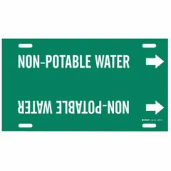 Green pipe marker with white legend reading 'Non-Potable Water' and directional arrows. Fits pipe outer diameters of 10 to 15 inches. Used to identify non-potable water lines in industrial and commercial piping systems.