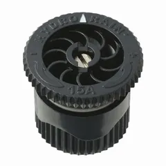 Adjustable sprinkler nozzle with pattern range from 0° to 360°. Delivers flow rate of 0.39 to 8.97 gpm at 15 to 30 psi, with a throw radius of 15 ft. Constructed of plastic. Suitable for precise watering in landscape irrigation systems.