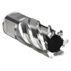 Bright finish high-speed steel annular cutter with 2 3/16 in diameter and 1 in maximum cutting depth. Features a Weldon Flat shank for use with magnetic drill presses and portable drills. Suitable for general cutting of metal, including structural steel, plate, and pipe.