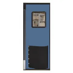 Single-leaf insulated swinging door in blue textured polyethylene, 3 ft wide by 8 ft high. Includes a polycarbonate window, door seals, bumpers, and mounting hardware. Meets USDA standards. Suitable for temperature-controlled and washdown environments in food processing, cold storage, and industrial facilities.