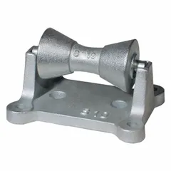 This surface-mount tube and pipe roller supports pipe during cutting, threading, or welding. It features a cast iron base and a 950 lb load capacity, suitable for industrial pipe handling in plumbing, HVAC, and fabrication shops.