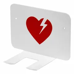 This steel, white wall bracket securely mounts an automated external defibrillator (AED) to a wall. It provides organized storage and quick access to the device during emergencies. The bracket has an overall height of 4 5/8 inches and does not include an alarm.