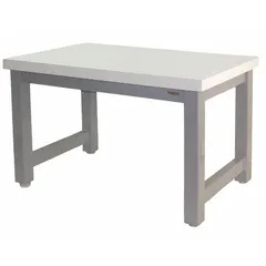 This heavy-duty open-base workstation features a black laminate top measuring 96 inches by 36 inches. With an overall load capacity of 20,000 lb, it is suited for industrial assembly, maintenance, and testing applications where large equipment or heavy components are handled.